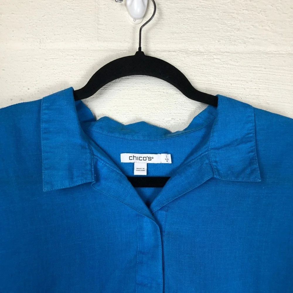 Chico's Womens 100% Linen Button Back‎ Popover Top Size 8 Blue Vacation Resort